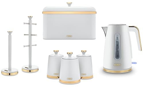 Tower Cavaletto Jug Kettle, Bread Bin, 3 Canisters, Mug Tree & Towel Pole in Optic White with Brushed Champagne Gold Accents. Contemporary Matching Kitchen Set of 7 Items