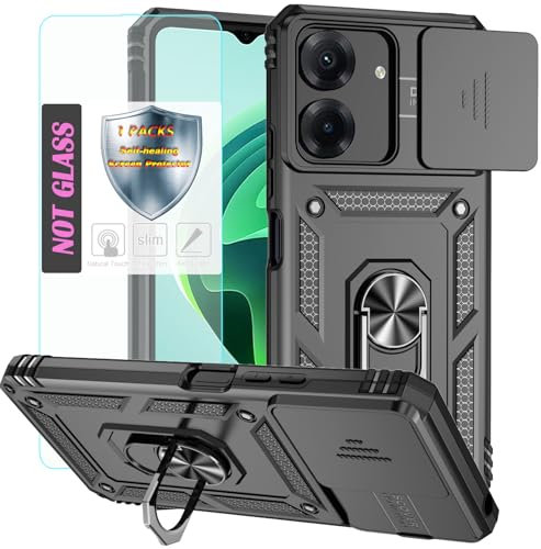 YmhxcY Handyhülle Für Xiaomi Redmi 13C Hülle,[mit 1 Stück Schutzfolie],360°Drehen Metallständer，Stoßfester Schutz Hartschale，Mit Kameraschutz，Xiaomi Redmi 13C case-Schwarz