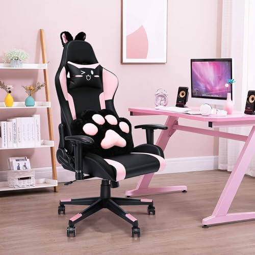 HomeMiYN Silla para videojuegos con luces LED RGB y altavoces con pata de gato, cojín lumbar y orejas de gato, piel sintética con respaldo alto, silla de oficina ergonómica, color negro y rosa