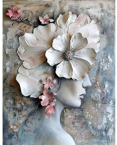 28 pinturas originales de arte abstracto en lienzo, decoración mural en gris impasto, pintura al óleo de flores, perfil de mujer con corona de flores, decoración moderna hecha a mano con pinturas…