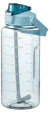 Botella de agua de 2000 ml con marcadores de tiempo, sin BPA, tapa con popote a prueba de fugas, asa de fácil transporte, ideal para fitness, senderismo, viajes y objetivos diarios de hidratación