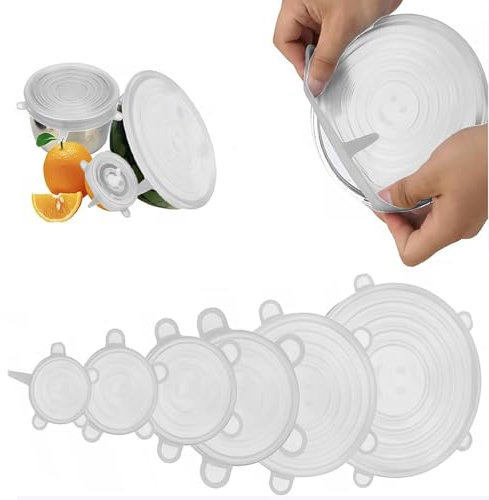 6PCS Silicone Stretch Lids,Reusable Round Food Bowl Covers 6 Different Sizes Silicone Lids with Microwave Food Cover Silicone Bowl Covers for Dishes Jars Bowls (Clear)