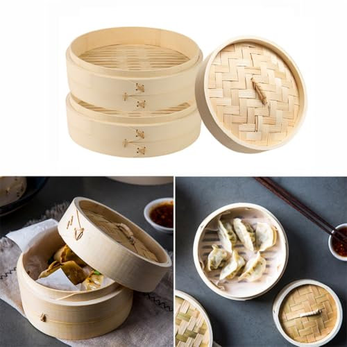 TSQZE Bambus Dampfgarer Set, Bambusdämpfer 2 Etagen Mit Deckel, Dumpling Steamer Mit 2 Baumwolltüchern Für Reis, Dim Sum, Gemüse, Fisch Fleisch Dumpling (21CM)