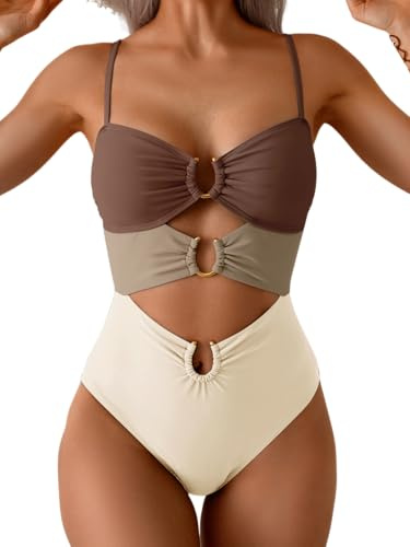 Eomenie One Piece Swimsuit for Women Ring Linked Monokini Sexy Bathing Suit Cutout Swim Suit, Brown Color Block, XXL
