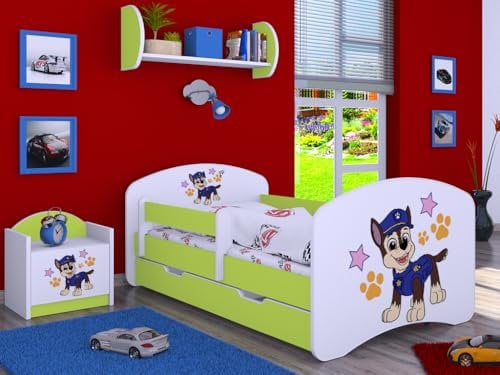 Happy Babies Kinderbett - mit Rausfallschutz Junge 140x70 Bett für Kinderzimmer mit Schublade & Matratze Einzelbett für Kinder Weiß/Blau Hundemotiv Police (Grün)