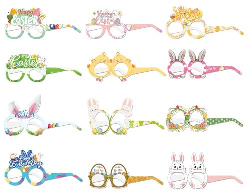 Generisch Osterparty-Gläser,Osterhasen-Gläser - 12 Stück Ostergläser Ostern Photo Booth Requisiten,Papier-lustige Ostern-Partydekorationen, Osterei-Brillen, frohe Ostern-Papiergläser für Zuhause
