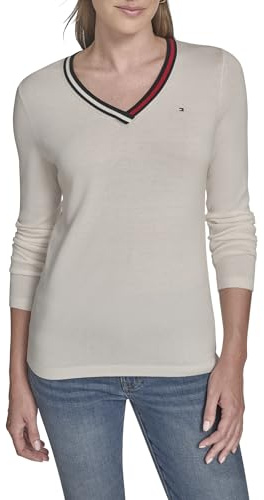 Tommy Hilfiger Damen Solid Long Sleeve V-Neck Cotton Sweater Pullover