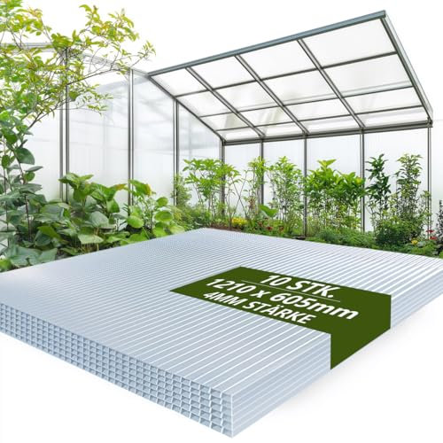 Sorlpv 10x Polycarbonat Hohlkammerstegplatten 1210X605mm 7,32m², Zuschneidbar Ersatzplatten Doppelstegplatte 4mm, Gewächshausplatte UV-beständigen Stoßsicheren für Gewächshaus Gartenbau Carports usw