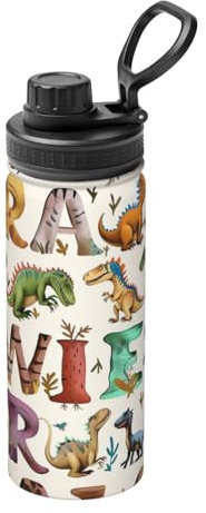 Bouteille d'eau isotherme élégante et d'apprentissage avec lettres de l'alphabet avec dinosaures – Bouteille d'eau isotherme anti-fuite – Bouteille de sport pour salle de sport, vélo, randonnée,