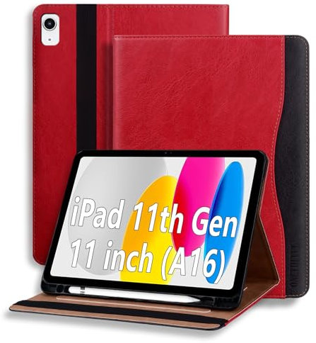 Custodia Cover Compatibile con iPad 11a Generazione (A16) 11 (2025) / iPad 10a Gen 10.9 (2022), Custodia in Pelle con Portapenna, Tasca e Angoli di Visione Regolabili,Auto Svegliati/Sonno Rosso