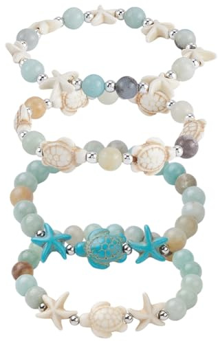 SUNNYCLUE 1 Box 4 Stile Sommer Armband Set Strand Armband Sets Gemischte Edelsteine Blau Weiß Boho Ozean Strand Meeresschildkröten Seestern Schmuck Für Frauen Trendig 2025 modische Partygeschenke