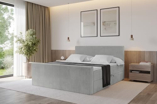 ALTDECOR Boxspringbett mit Matratze und Lattenrost, Topper, Fußteil,Polsterbett mit Bettkasten, Bett mit Stauraum H3-Matratze, Doppelbett, Boxbett - TOLO-Z 200x200 Cord - Hellgrau