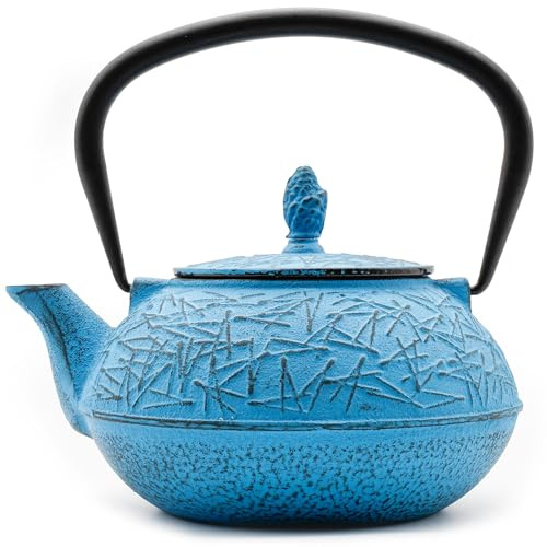 Zen Minded Traditional Japanese Cast Iron Tetsubin Stovetop Teakettle Teapot with Stainless-Steel Mesh Loose-Leaf Filter for Green Tea & Infusions 800ml Pine Pattern - Blue
