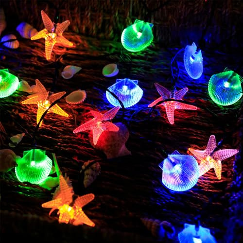 FANSU Solar Lichterkette Aussen, Seesterne Muscheln Lichterkette Außen Solar Wasserdicht,8 Modi Solarlichterkette Outdoor Wetterfest für Balkon Garten Pavillon Terrasse Vorzelt (Farbe,6m 30LED)
