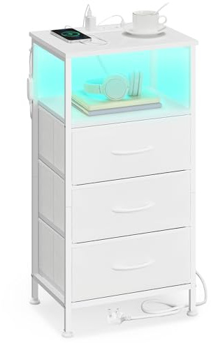 SONGMICS Bedside Table with Charging Station, Side End Table with App-Controlled Adjustable LED Lights, Modern, 1 Shelf, 3 Drawers, Cloud White and Snow White BELLAH Collection LGS303WH04