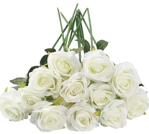 HNVNER 12 Pcs White Rose Artificial Flowers, Fake Flowers Silk Rose Realistic Bouquets for Wedding Table Centerpiece Home Decor