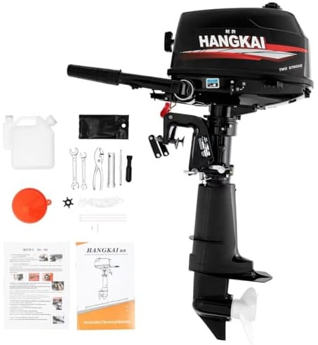 HANGKAI 6PS 2-Takt Benzinmotor Außenbordmotor, Bootsmotor mit CDI Zündung & 360° Lenkung, Manueller Start & Wasserkühlung, Heavy Duty Boot Motor für Angelboote, Schlauchboote, 102CC Hubraum