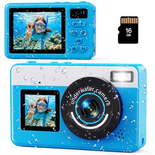 Maxmango D70 4K Macchina Fotocamera Subacquea - 48MP 10FT Fotocamera Digitale Impermeabile per Snorkeling - Doppio Schermo Compatta Galleggiante con 16GB - Batteria 1200mAh per Bambini e Ragazzi (Blu)