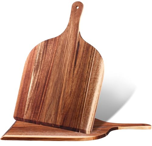 LDHHYH 2 Pièces Planche à Découper Bois D'acacia 42 x 30 cm, Pelle à Pizza avec Poignée, Plateau de Service pour Pain Fromage Apéritif Barbecue Cuisine