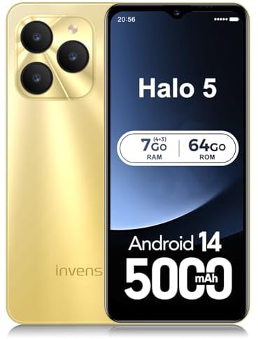 invens Halo5 Téléphone Portable Pas Cher Android, 7(4+3)+64Go ROM(TF 256Go) Smartphone, Telephone Portable 4G, 16+8MP Smartphone Pas Cher sans Forfait, Écran 6,52 HD+, Batterie 5000mAh, Dual SIM/OTG