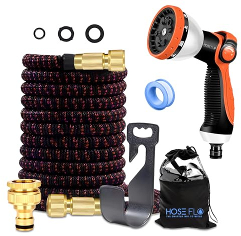 HoseFlo Expandable Garden Hose Pipe 50FT Orange, Flexible Retractable Water Hose, Kink-Free Lightweight Hose with 10 Function Spray Gun, Leak Resistant for Garden, Patio & Car Washing