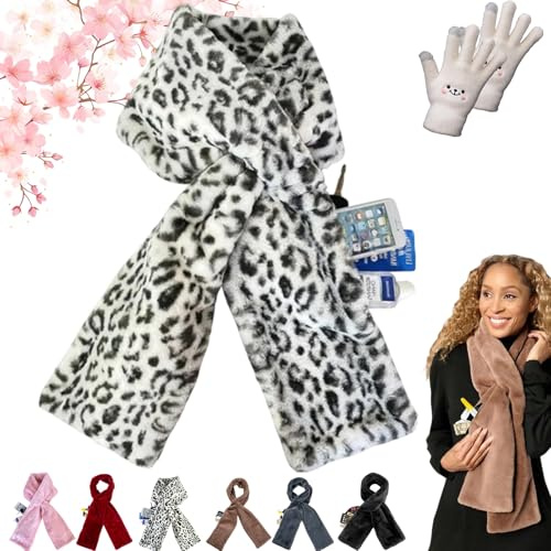 Faux Fur Scarf with Hidden Zipper Pocket, 2026 New Faux-Fur Pull Through Scarf Cozy Wrap Secure Concealed Storage for Cell Phone and Valuables, Winter Soft Scarfs with Pockets Women (Leopard print)