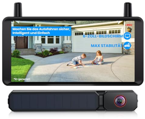 AUTO-VOX 6 Solar Rückfahrkamera Kabellose 2 Mins Schnell Install | 16:9 1080P Display, 2 Channel Splitscreen, Unterstützt DVR-Aufzeichnung, IP69K wasserdichte für Pkw, LKW, Anhänger