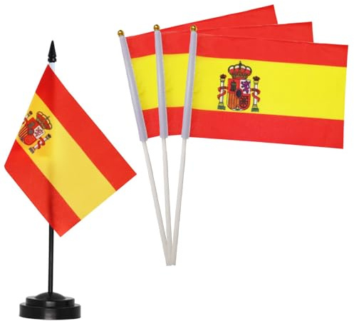 30 Piezas Banderas España y 1 Piezas Bandera de Mesa, 14cm x 21cm, Bandera de Mano Internacional, Bandera en un Palo Pequeña, Decoración de Banderas, Deportes, Eventos, Celebraciones