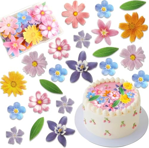 Morofme Edible Flowers for Cakes 60Pcs, Various Flower Shape Edible Cake Toppers, Edible Wafer Paper Cupcake Toppers for Wedding, Baby Shower, Birthday, Theme Party Cupcake Decorations