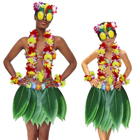 Hawaii Mottoparty Kostüme Set Gras Hula 40cm Rock Hawaiian Lange Hawaiianischer Grasrock 7 Teilig Blumenkette Blume-Armbänder Blumen-BH Ananas-Sonnenbrille für Tikiparty Beachparty Strand Party