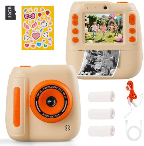 Appareil Photo Instantané Enfants, 12MP/1080P Appareils Photo Numérique Enfants avec Carte 32G et 3 Rouleaux de Papier, 2,4 Pouces Caméra Jouets Cadeau pour Garçons Filles 3-12 Ans
