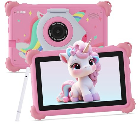 C idea Tablet per bambini Android 15, schermo 7 pollici 1024 x 600, 6 GB (3+3) di RAM + 32 GB di ROM, batteria 2500 mAh, applicazioni per bambini preinstallate, compatibile WiFi e Bluetooth (rosa)