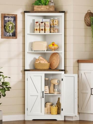 TEENFON Küchenschrank Hoch, 178cm Eckschrank mit 2 Scheunentoren, Badezimmerschrank Schmal mit 3 Regalböden - 1 Verstellbar, Mehrzweckschrank für Bad, Küche, WZ, EZ & Flur - 54 x 38 x 178 cm - Weiß