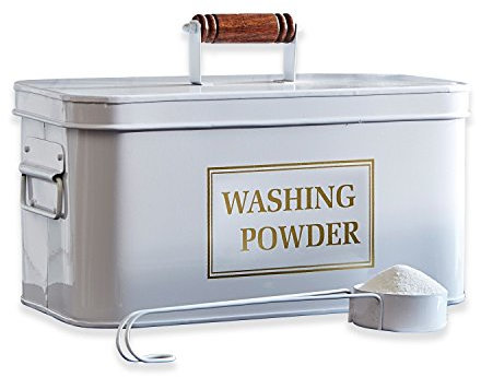 Loberon Waschmittelbehälter Washing, mit Kelle zum Waschpulver Portionieren, mit Tragegriff, Vintage-Flair, Aufbewahrung, Ordnungshelfer, Eisen, Mangoholz, weiß
