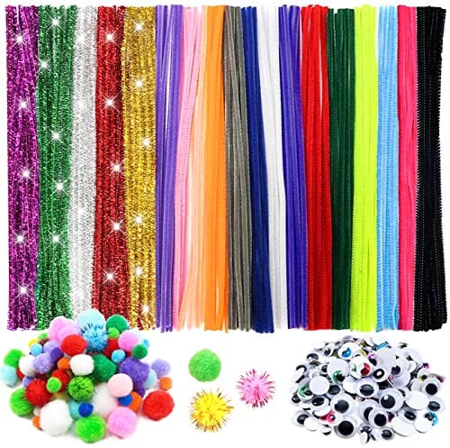 TOAOB 500 Stück Mehrfarbig Pfeifenreiniger Set Enthalten Chenilledraht Pompons und Selbstklebend Wackelaugen Verschiedene Größen für Handwerk Dekoration