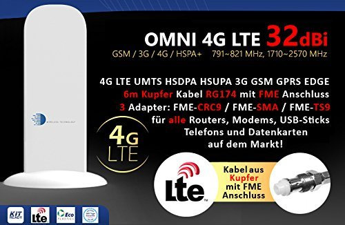 HUKITECH 4G LTE UMTS HSDPA 3G GSM Antenne mit 32dBi Gewinn 6 Meter Kabel - passend für Fast alle Vodafone, O2 und T-Mobile 4G und 3G Modems, Routers, USB Sticks und Datenkarten auf dem Markt