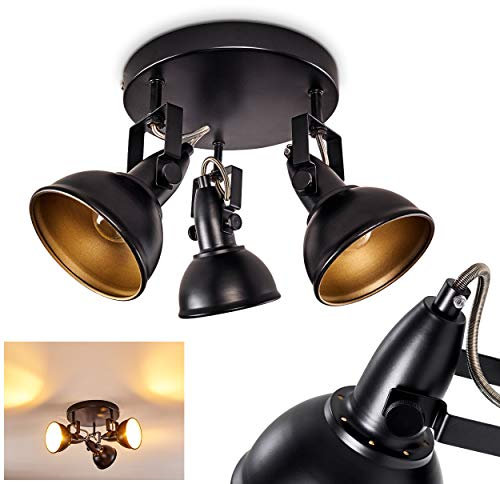 Deckenleuchte Tina, Deckenlampe aus Metall in Schwarz/Gold, 3-flammig, mit verstellbaren Strahlern, 3 x E14-Fassung, Spot im Retro/Vintage Design, ohne Leuchtmittel