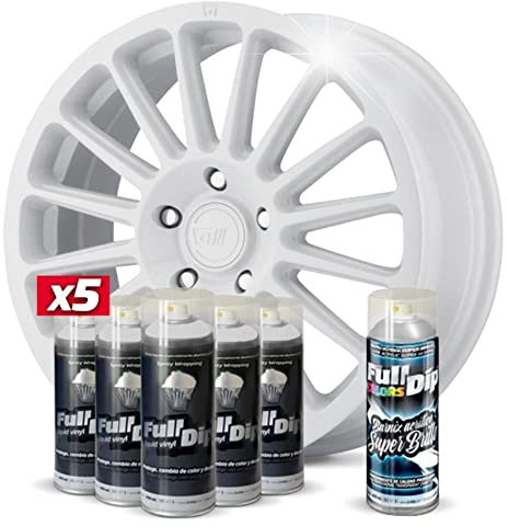 AutoFullCar - Pack 5 Sprays Full Dip Blanco + 1 Spray Barniz Acrílico Con Terminación Brillo - Vinílo Líquido - 400 ml. Unidad de Spray -