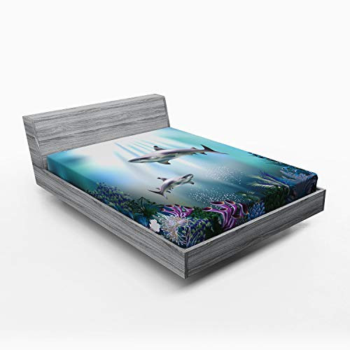 ABAKUHAUS Unterwasser- Spannbetttuch, Sharks Coral Aquatic, Soft Dekorativer Stoff Bettwäsche Rund-um Elastischer Gummizug, 140 x 200 cm, Aqua Grau