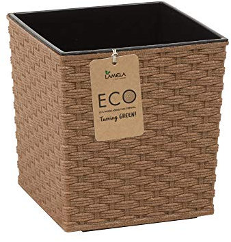 Muddy Hands Eco Friendly Rattan Plant Pot Indoor Home Outdoor Garden Square Flower Planter - Made from Recycled Plastic & Wood (Square Large, Brown)
