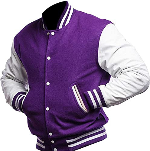 Fashion_First Giacca da baseball unisex da donna/uomo, stile americano Letterman + giacca in finta pelle, Viola e bianco., S