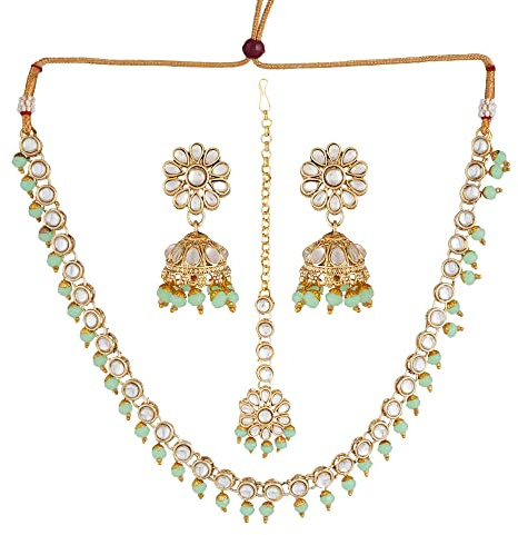Jwellmart Gold Polish Faux Kundan Bridal Wedding Choker Necklace Earrings Tika Combo Set Bollywood Party Traditional Fashion Indian Jewelry Jewellery Set for Women, Stone
