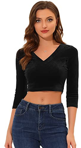 Allegra K Women Velvet 3/4 Sleeve V Neck Cropped Top Blouse Halloween | Soft design. Party, holiday, weekend. Cool iron. Velvet 3/4 sleeve V neck cropped top blouse Halloween