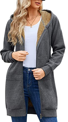 RITOSTA Felpe con Cappuccio da Donna Felpe Donna con Cappuccio Lungo Felpa Pile Donna con Zip Felpa Lunga Donna con Cerniera Donna Manica Lunga Cappotto con Tasche per Invernale(Grigio Scuro,XL)