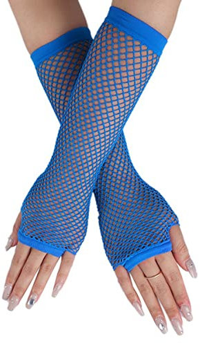 Long Fishnet Gloves, Blue Fingerless Arm Warmers Mesh Fancy Dress Gloves, Fancy Dress Punk Accessory for Women Girls Kids 80s Costume Evening Party Supplies Tutu Rave Hen Night