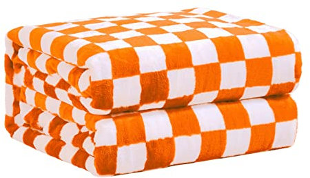 FY FIBER HOUSE Karierte Flanell-Fleece-Überwurfdecke, weich, gemütlich, Schachbrett-Gitter-Druck, Schachbrett, Gingham-Muster, Decken für Bett, Couch, Sofa, 127 x 152,4 cm, Orange