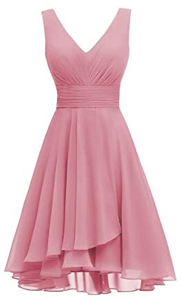 Robe de demoiselle d'honneur courte en mousseline de soie avec col en V et taille froncée pour femme, vieux rose, 48