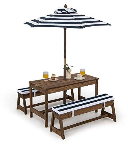 GOPLUS Table Enfant Extérieur avec Banc, Table Pique-Nique Enfant en Bois avec Parasol Hauteur Réglable, Salon de Jardin pour 1-4 Enfants, pour Terrasse, Patio, Balcon (Bleu)