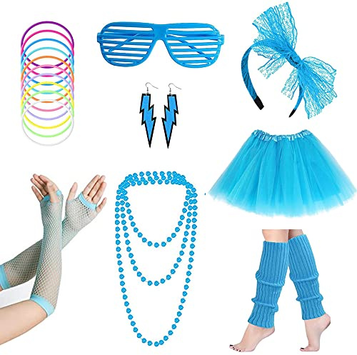 80s Fancy Party Costume Accessories Set,Adult Tutu Leg Warmers Fishnet Pink Gloves Neon Necklaces Bead 80s Lace Bow Headband Lighting Earrings Sunglasses,1980s Fancy Dress Women Night Out Party