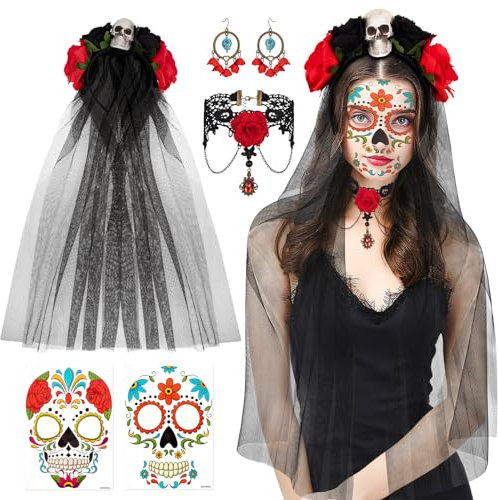 Hifot Halloween Kostüm Damen Dia De Los Muertos Haarreif Schleier Tag Der Toten Haarreif Tag der Toten Haarschmuck Gesicht Tattoos Gotisch Choker Skelett Ohrringe Halloween Gesicht Tattoos